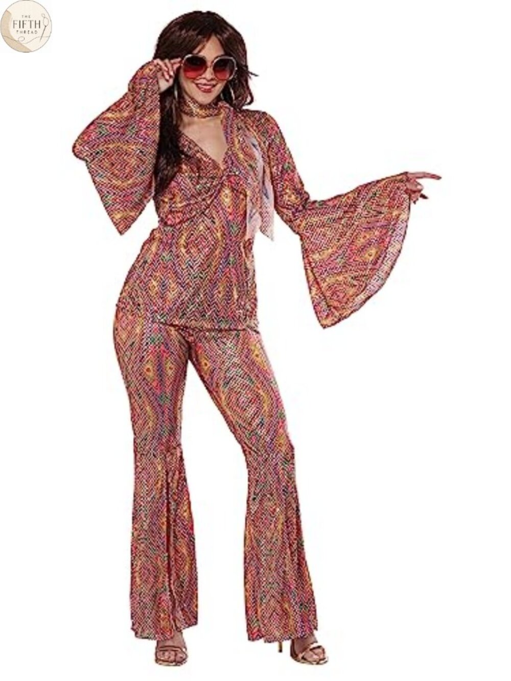 70s Disco Costume Top Bell Sleeves Pants Scarf Women's XL
